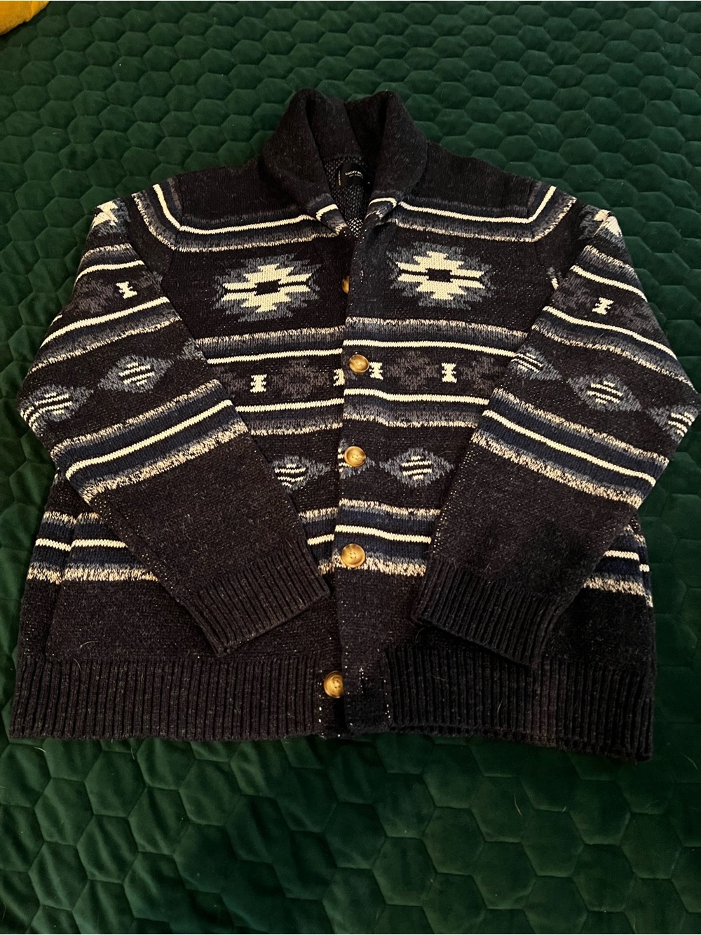 Men's Black and Cream Patterned Crewneck Sweater
